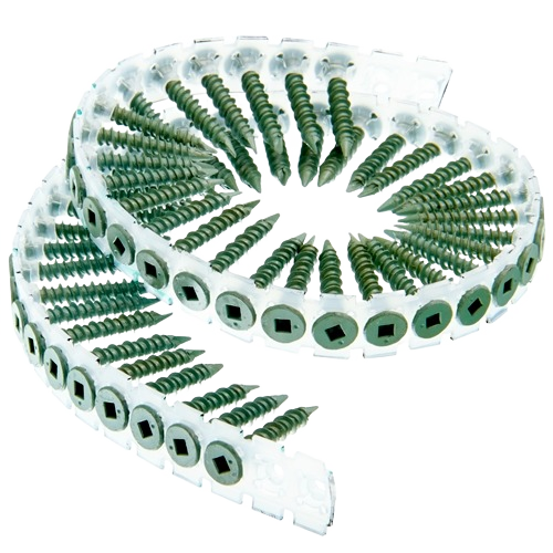 Coiled strip of green cement board exterior screws designed for fast, easy installation in home improvement projects