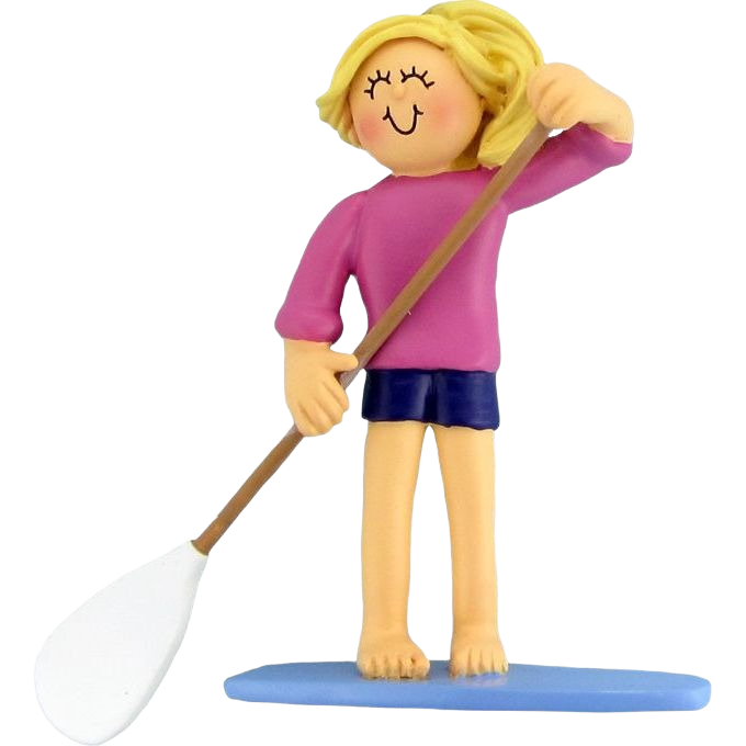Blonde female figurine holding paddle on blue board ornament in Christmas Ornaments & Tree Decorations under $50 collection