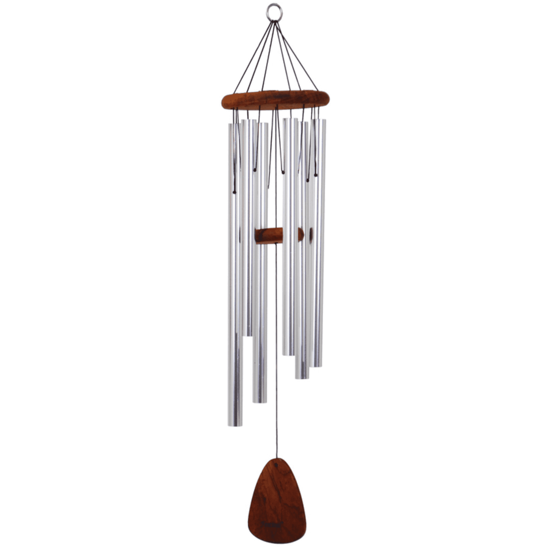 Decorative silver tone wind chime with wooden accents designed for outdoor home improvement and garden decor
