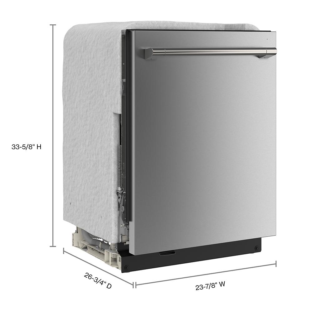 Built-in stainless steel dishwasher with top handle and modern design, shown with height, width, and depth dimensions.