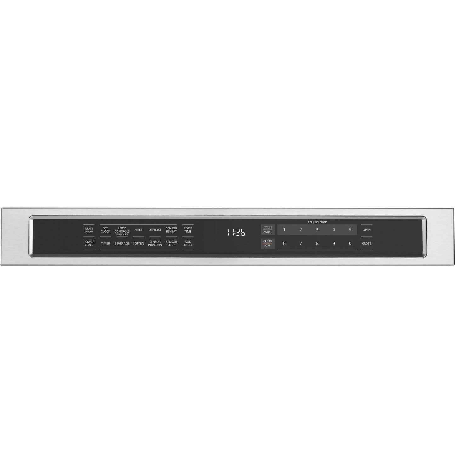 Control panel of stainless steel microwave drawer with digital timer and multiple function buttons in kitchen appliances collection