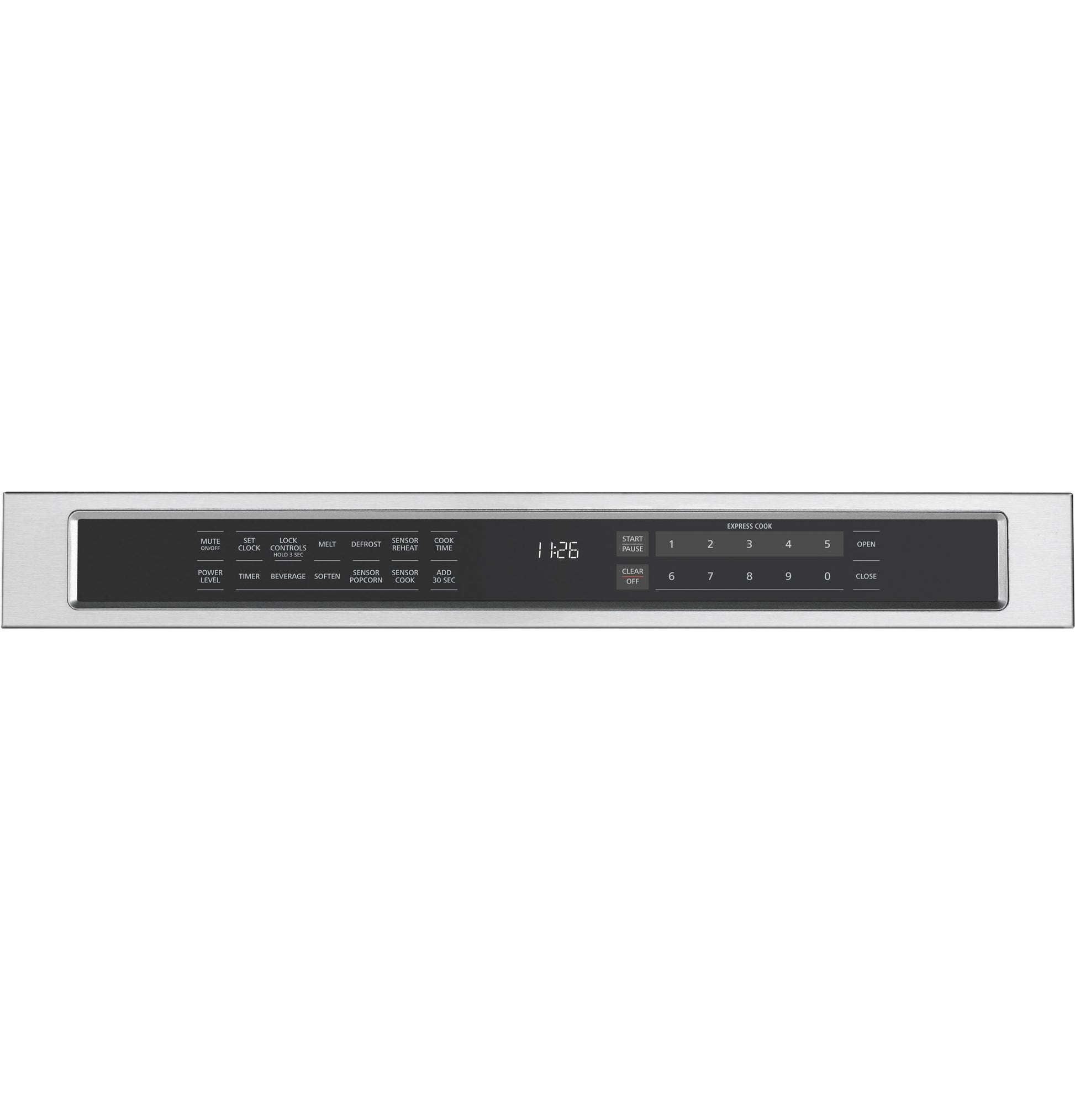 Control panel of stainless steel microwave drawer with digital timer and multiple function buttons in kitchen appliances collection