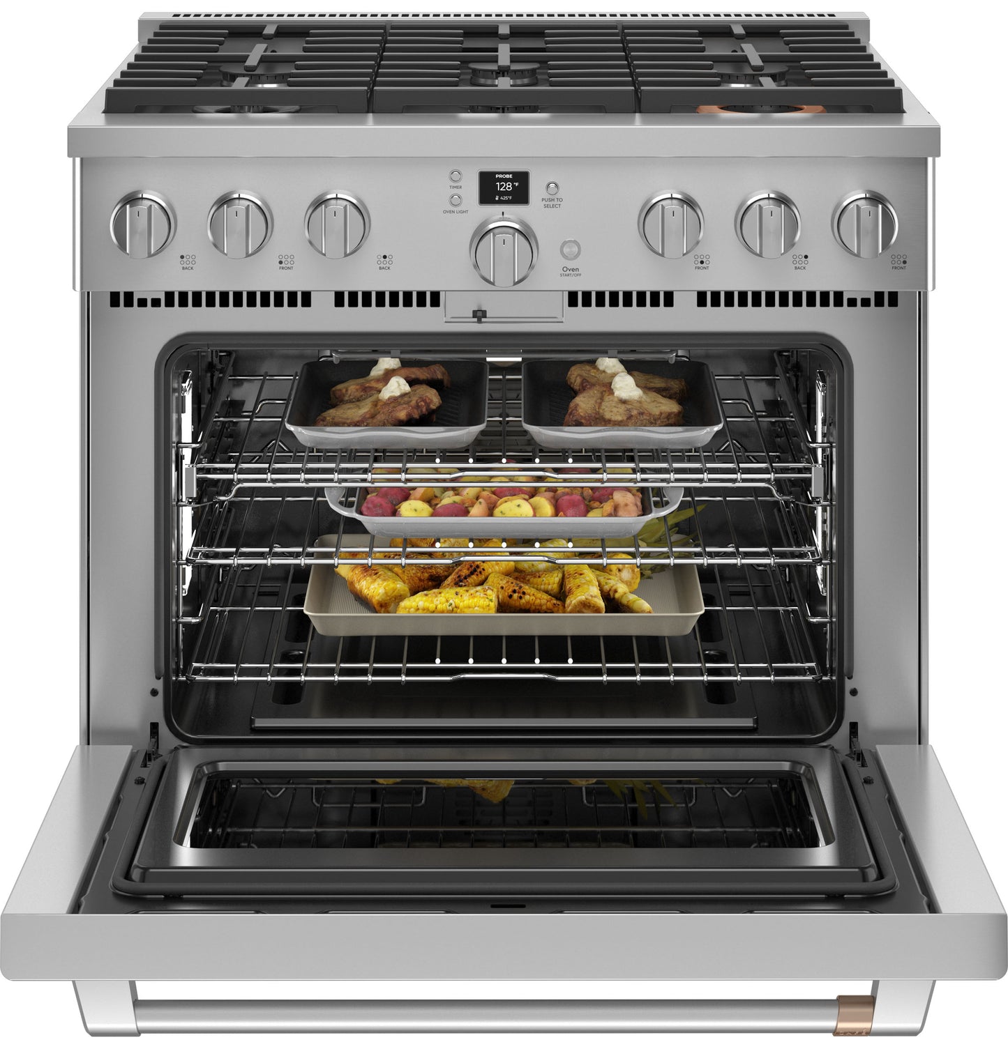 Open stainless steel all-gas range with six burners and oven containing roasted chicken and vegetables from Ranges collection