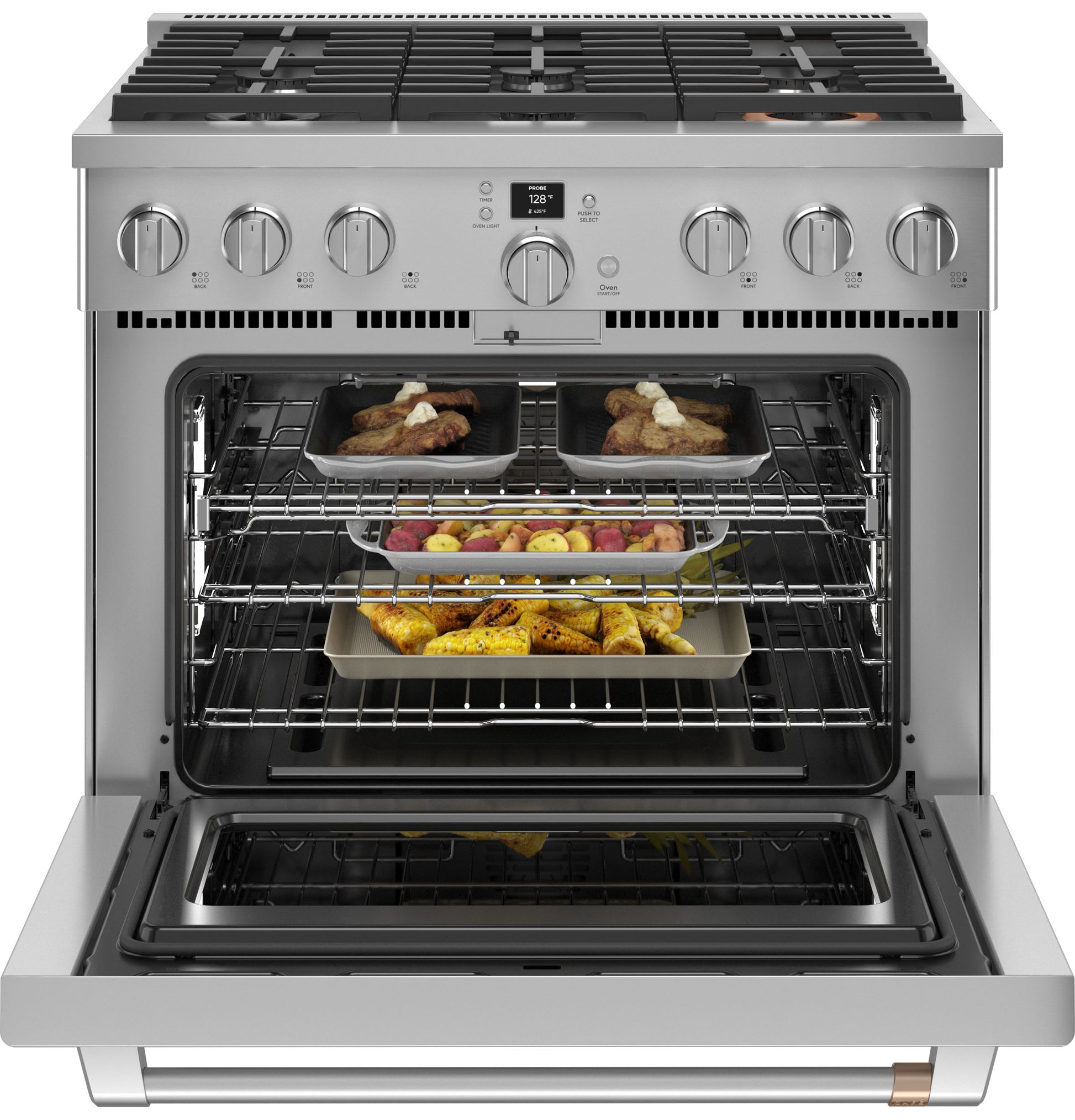 Open stainless steel all-gas range with six burners and oven containing roasted chicken and vegetables from Ranges collection