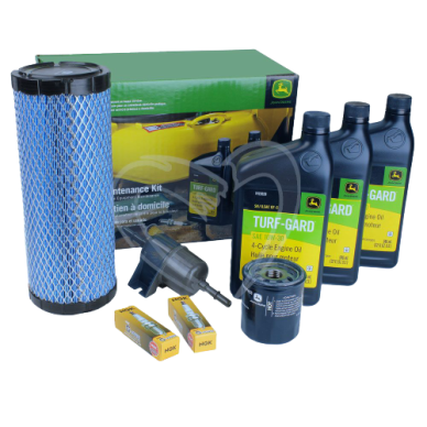 Home maintenance kit with oil filters, engine oil bottles, spark plugs, and fuel filter for tools and home improvement use