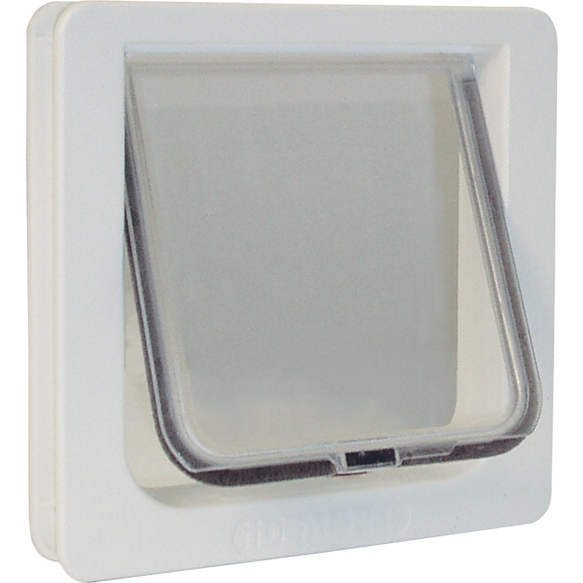 Small white lockable cat flap door with transparent swinging panel for home improvement and pet access