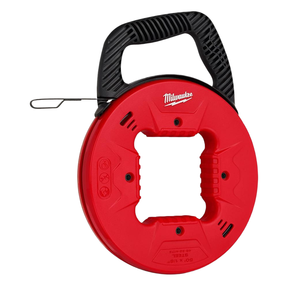Red and black steel fish tape with ergonomic handle designed for durable use in home improvement and electrical tasks