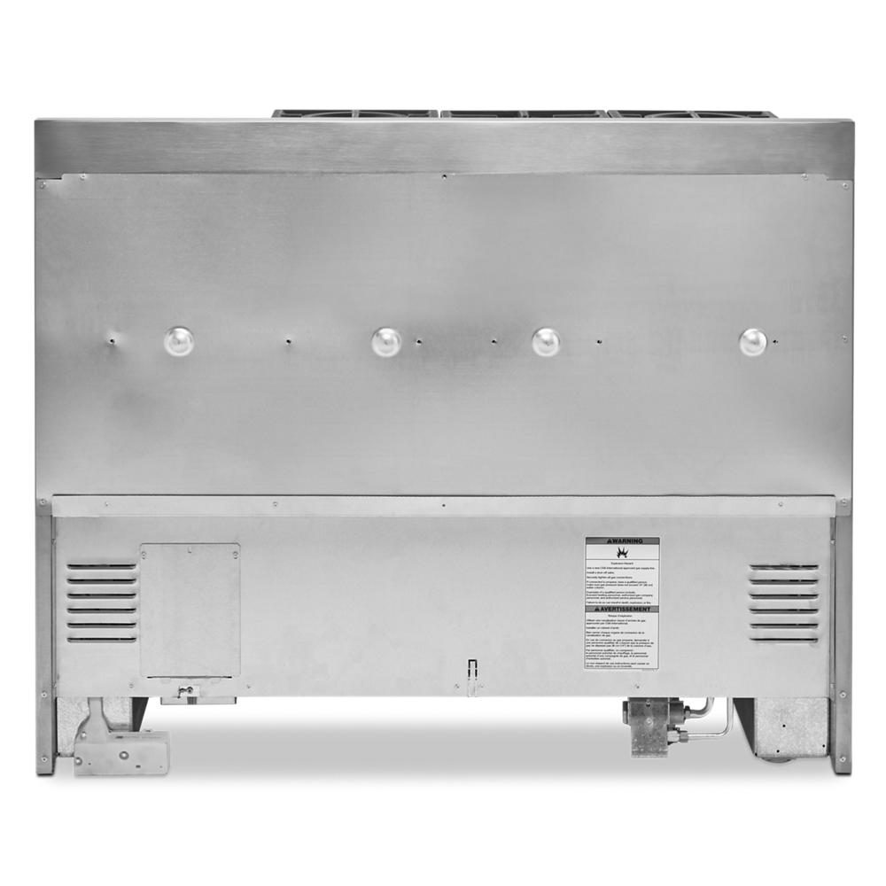 Rear view of stainless steel commercial-style gas range showing ventilation panels and connection points from Ranges collection