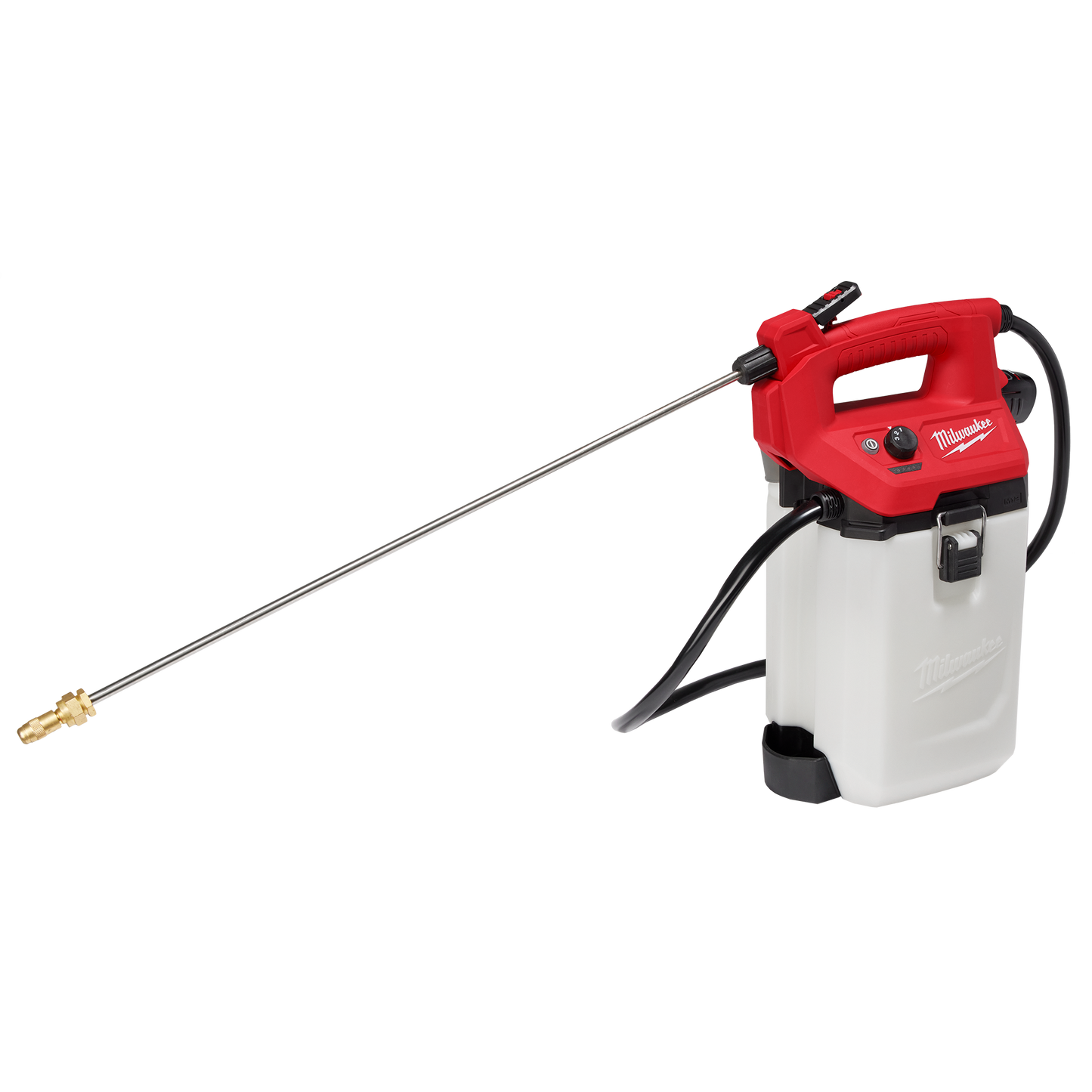 Cordless handheld sprayer kit with red handle, white tank, black hose, and brass nozzle for tools and home improvement tasks