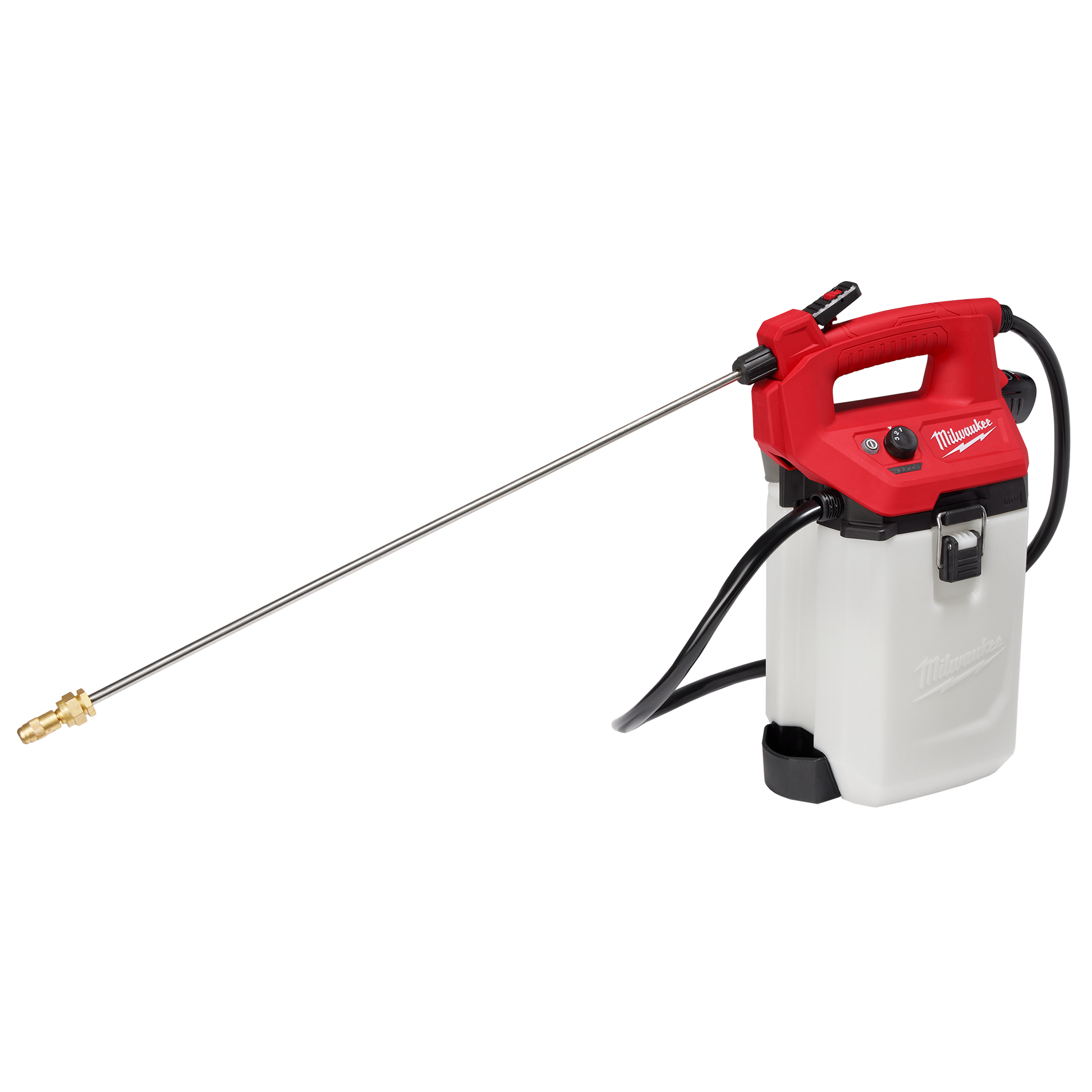 Cordless handheld sprayer kit with red handle, white tank, black hose, and brass nozzle for tools and home improvement tasks