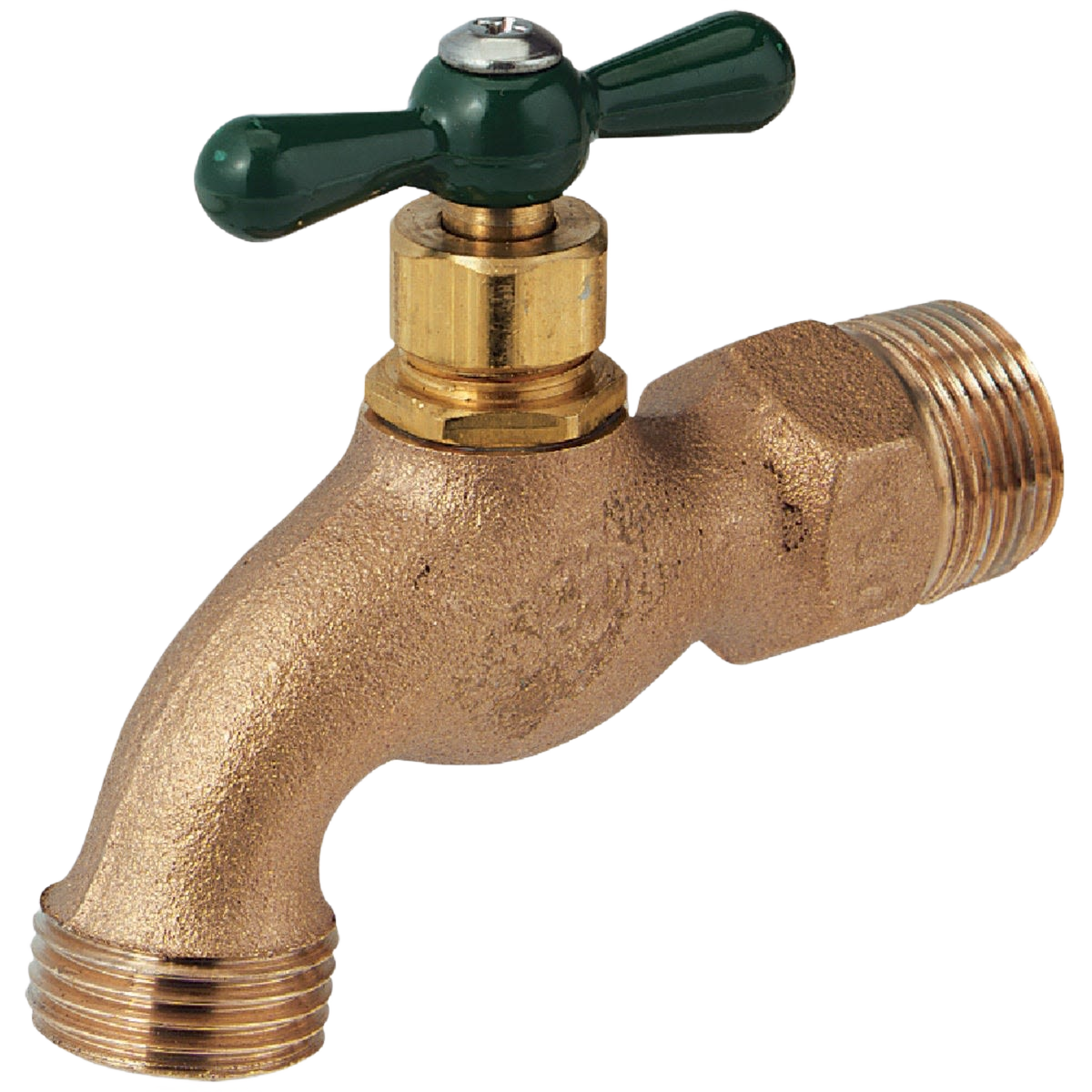 Brass outdoor faucet with green wing handle, male hose thread, suitable for plumbing and hose bibb applications