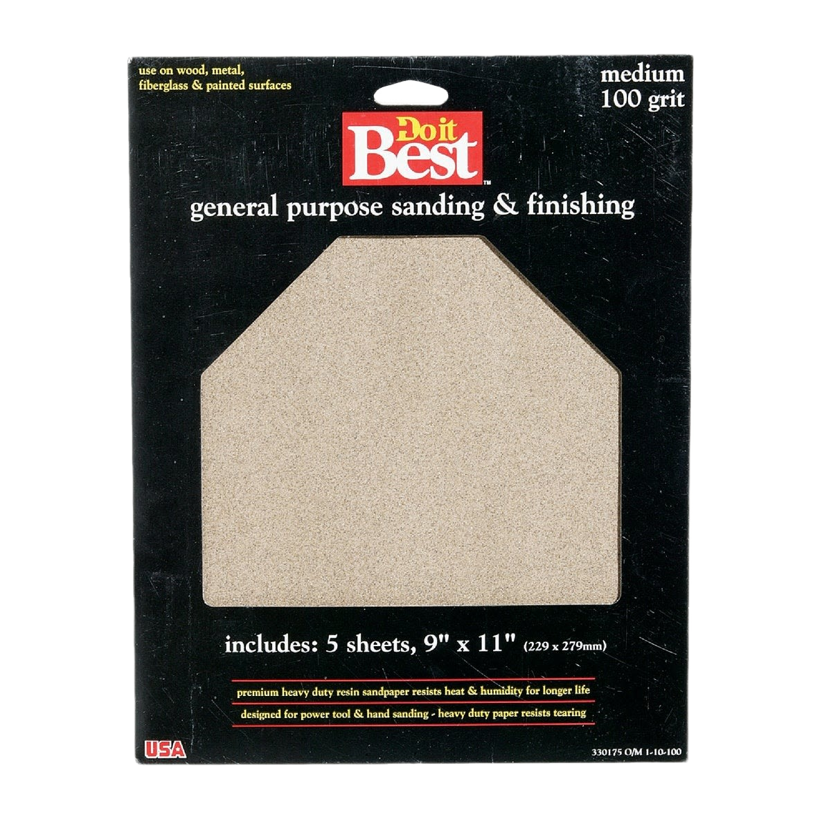 Package of medium 100-grit sandpaper sheets for general purpose sanding on wood, metal, fiberglass, and painted surfaces