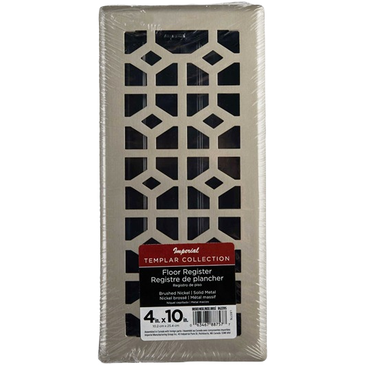 Brushed nickel floor register with geometric pattern for home improvement ventilation and durable metal construction