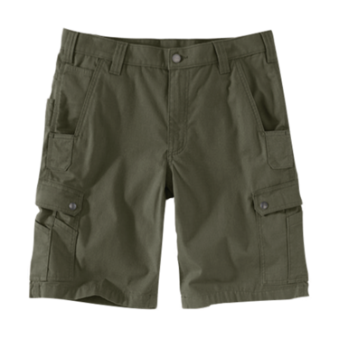 Olive green rugged flex ripstop cargo shorts with multiple pockets designed for work and outdoor activities