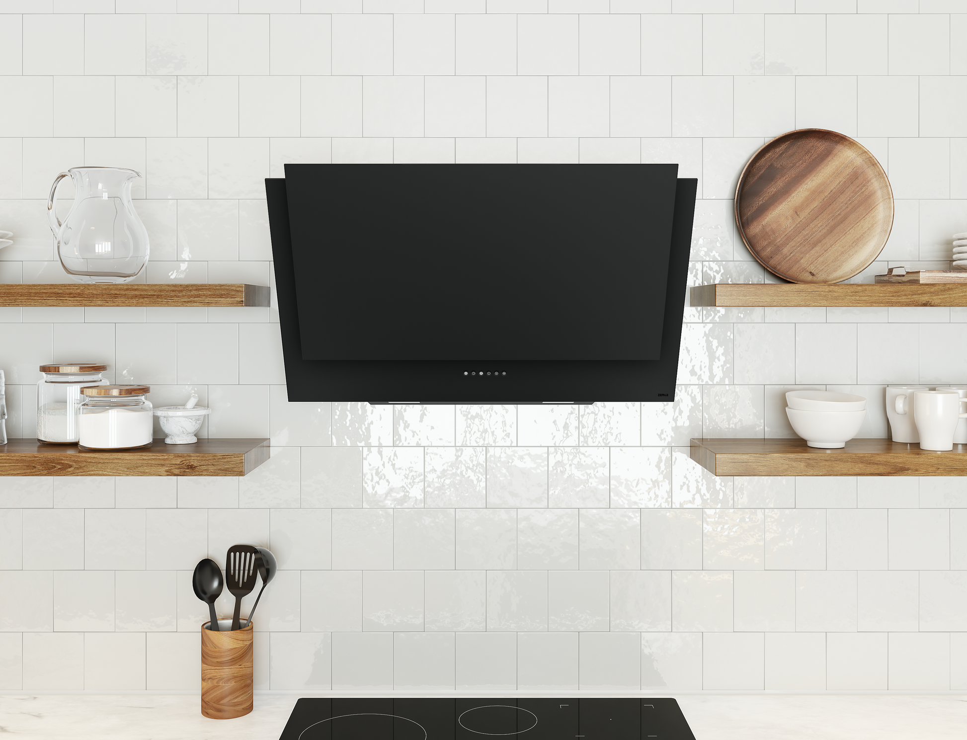 Modern black wall-mounted range hood with touch controls, LED lights, and aluminum mesh filters in kitchen setting