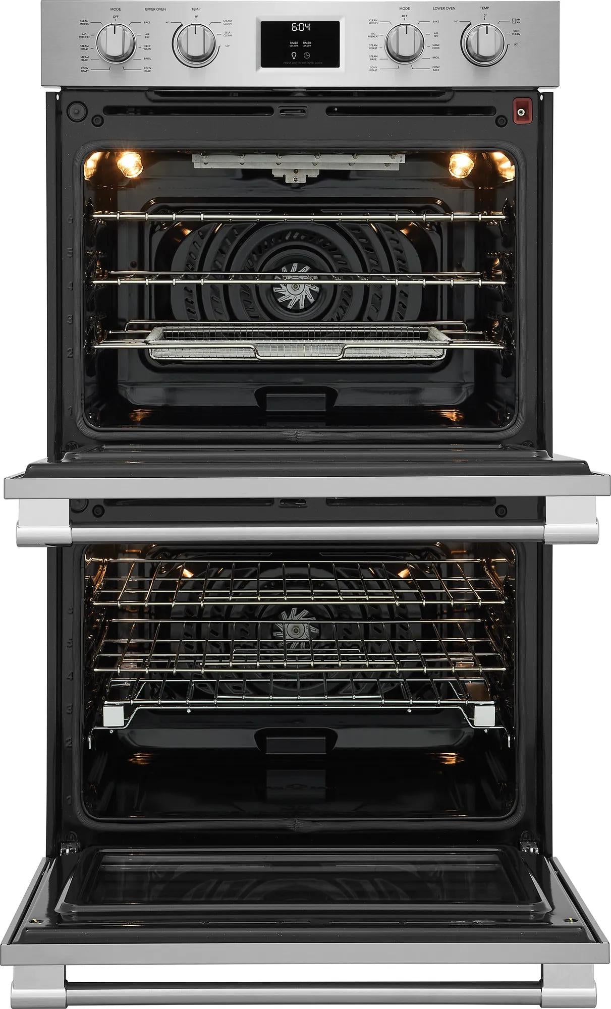 Stainless steel double oven with convection fans and racks, part of kitchen appliances and home improvement collection