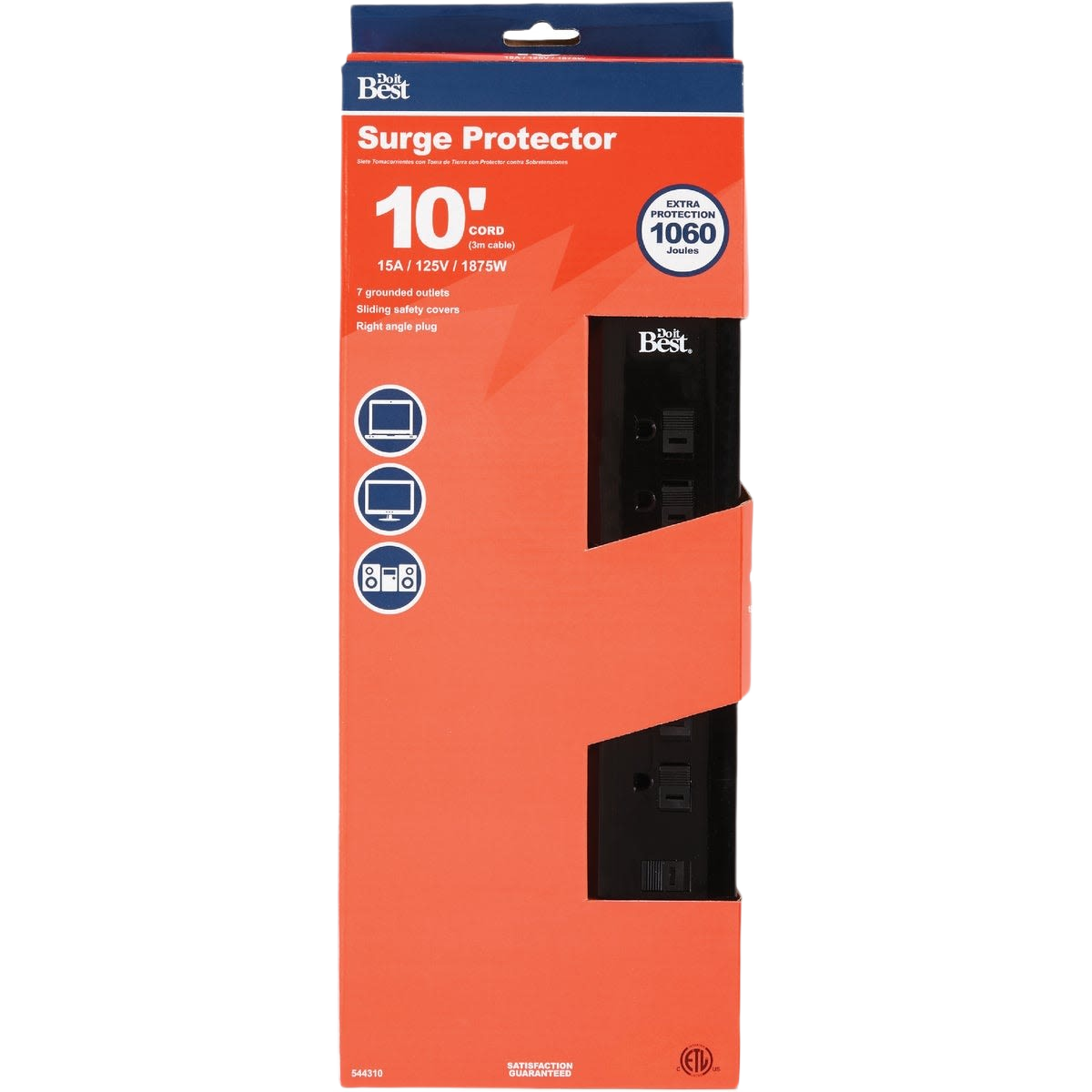 Black 7-outlet surge protector with 10-foot cord and sliding safety covers in retail packaging for home improvement use