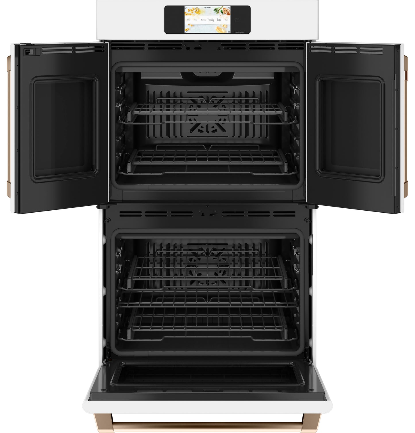 Double wall oven with open French doors on top and drop-down door below from kitchen appliances collection