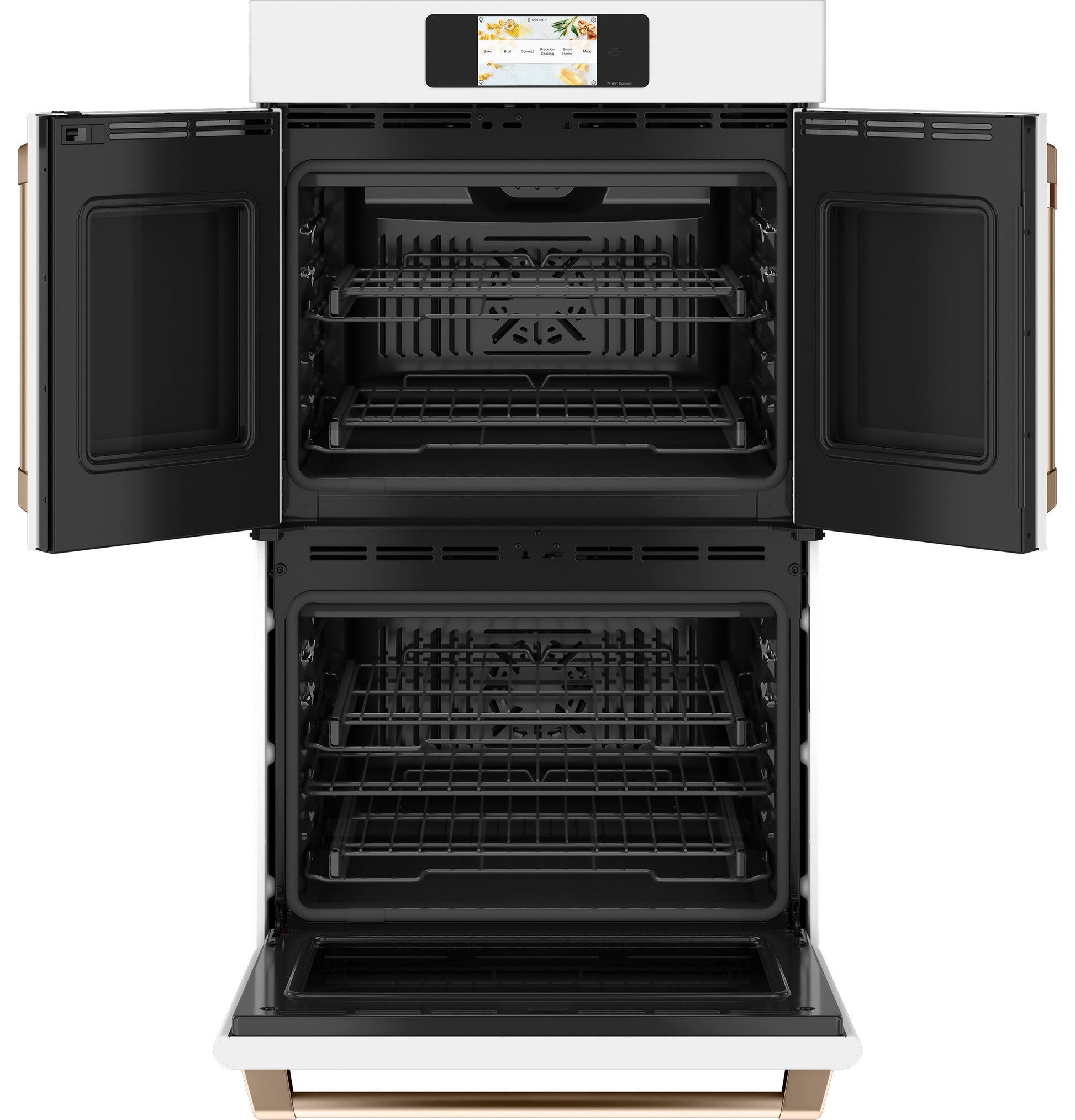 Double wall oven with open French doors on top and drop-down door below from kitchen appliances collection