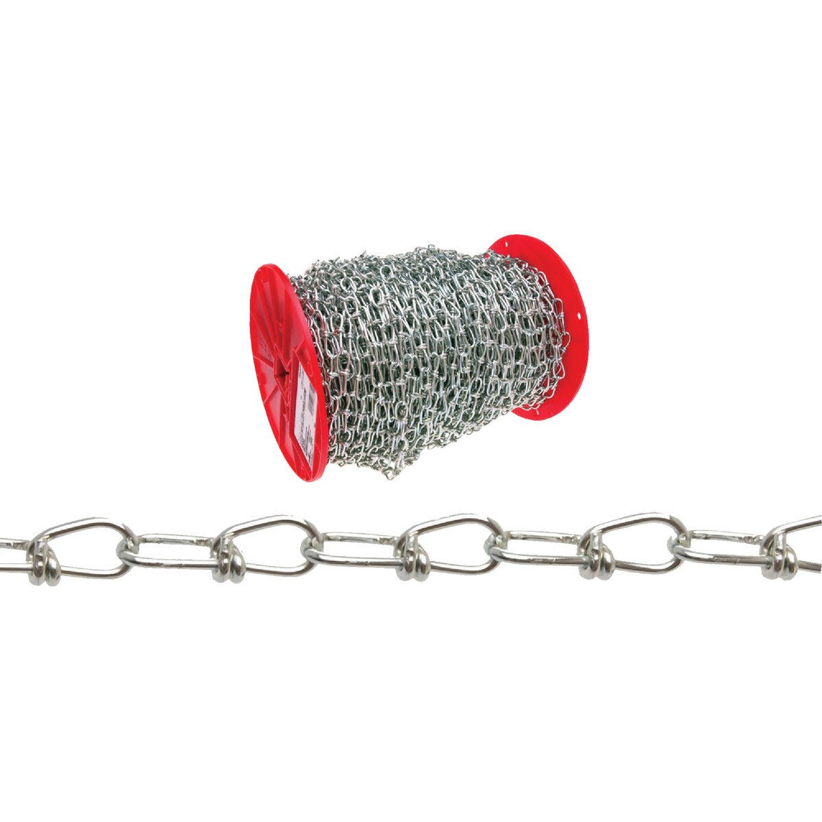 Silver metal double loop chain wrapped on red spool for heavy-duty use in tools and home improvement projects