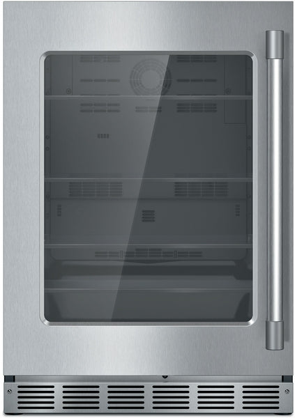 Under counter refrigerator with glass door, stainless steel finish, left hinge, featuring interior shelving in kitchen appliances collection