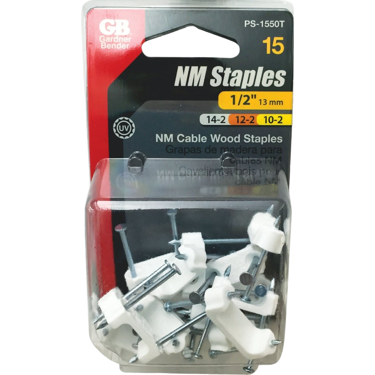 Pack of white plastic and metal coaxial staples designed for securing cables in home improvement projects