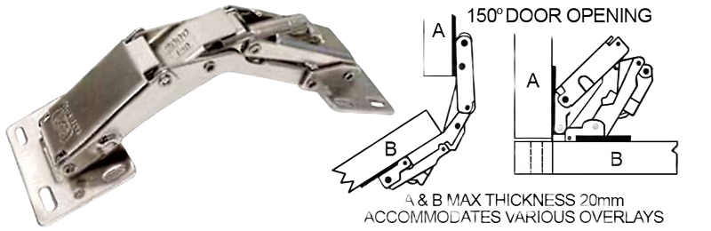 Heavy-duty steel surface mount concealed hinge with 150º door opening for cabinet and furniture hardware collections