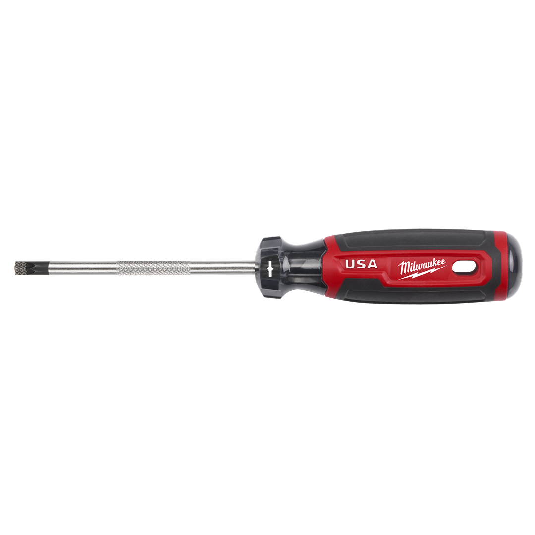 Red and black cushion grip screwdriver with metal shaft and textured handle for tools and home improvement use