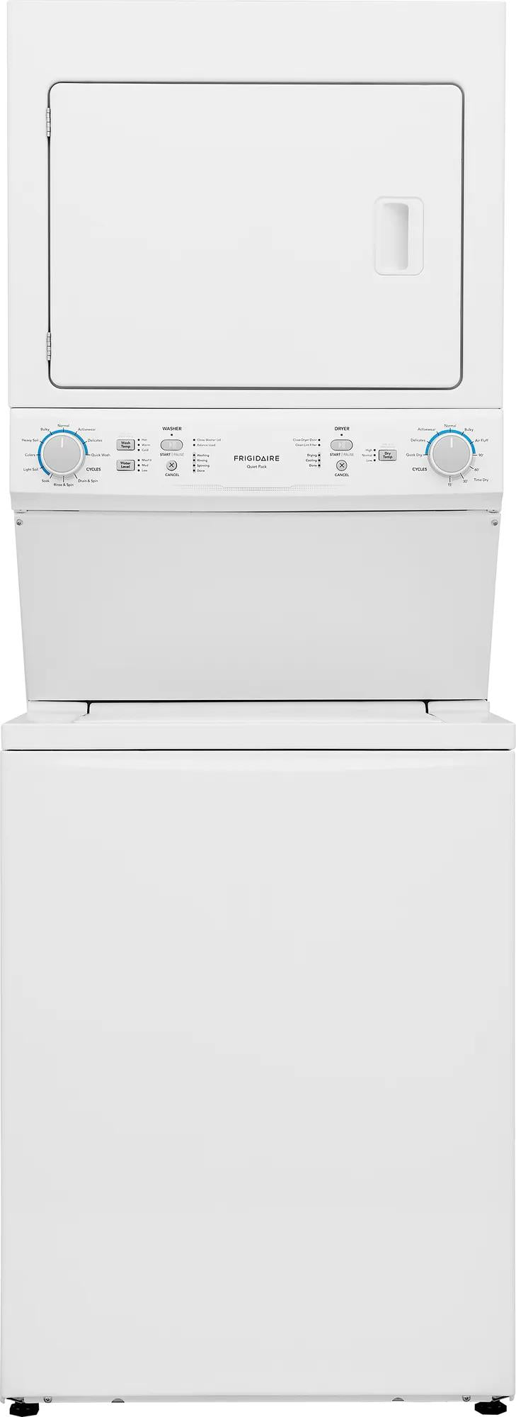 White electric long vent stacked laundry center with front control dials for washer and dryer, part of appliance laundry centers at Hartville Hardware.