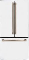 White counter-depth French-door refrigerator with bottom freezer, stainless steel handles, part of kitchen appliances collection