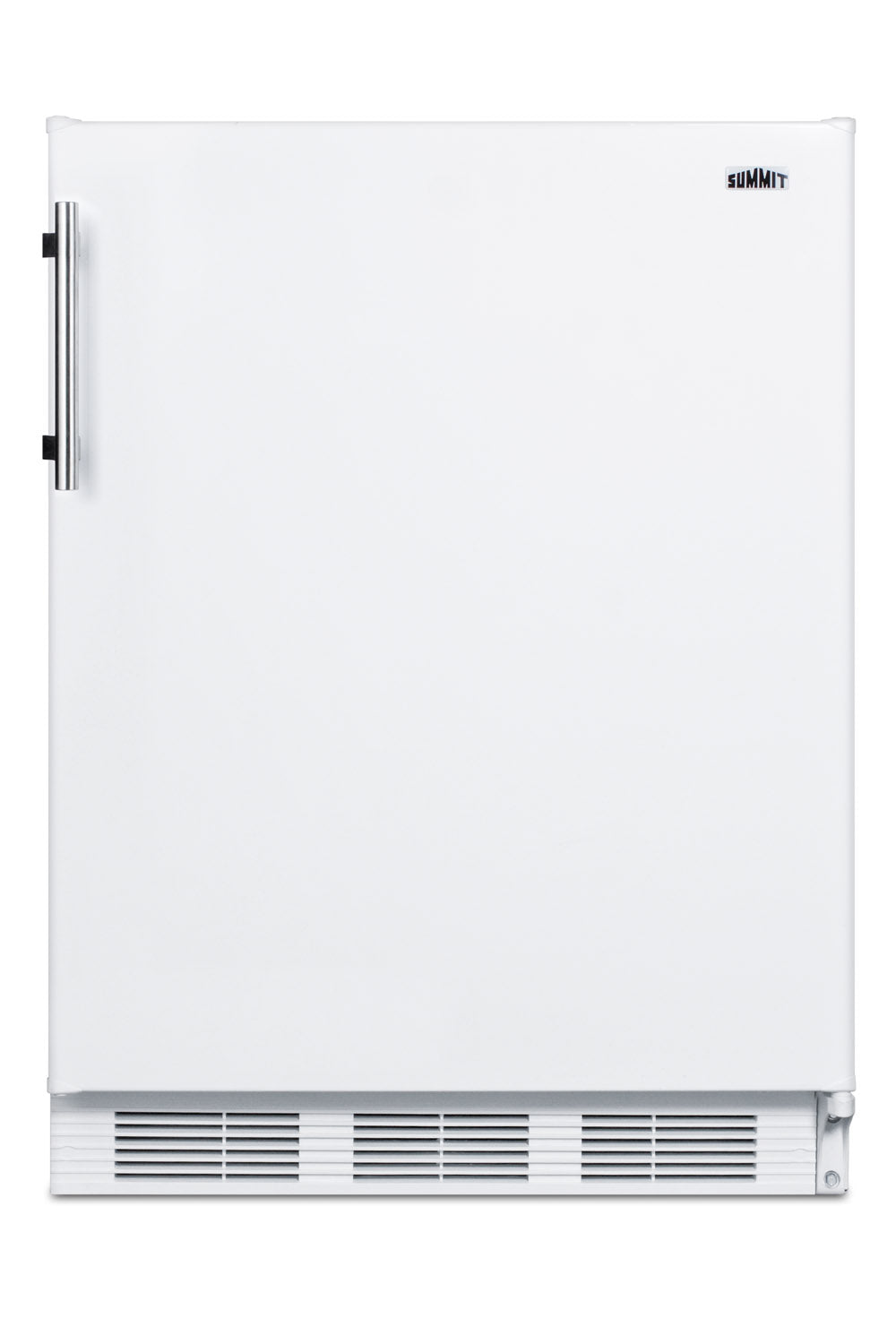 Compact white refrigerator-freezer with front vent and vertical brushed metal handle for kitchen and appliance use