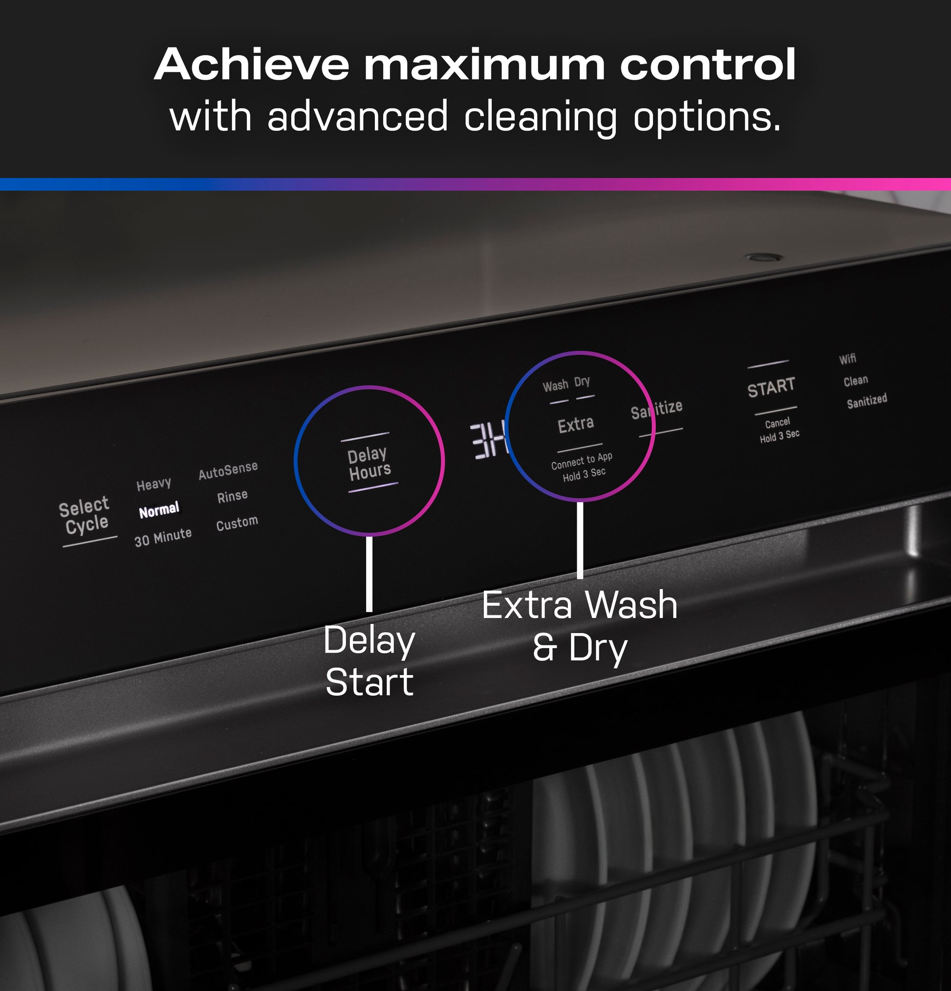 Close-up of black smart compact dishwasher control panel highlighting delay start and extra wash and dry options