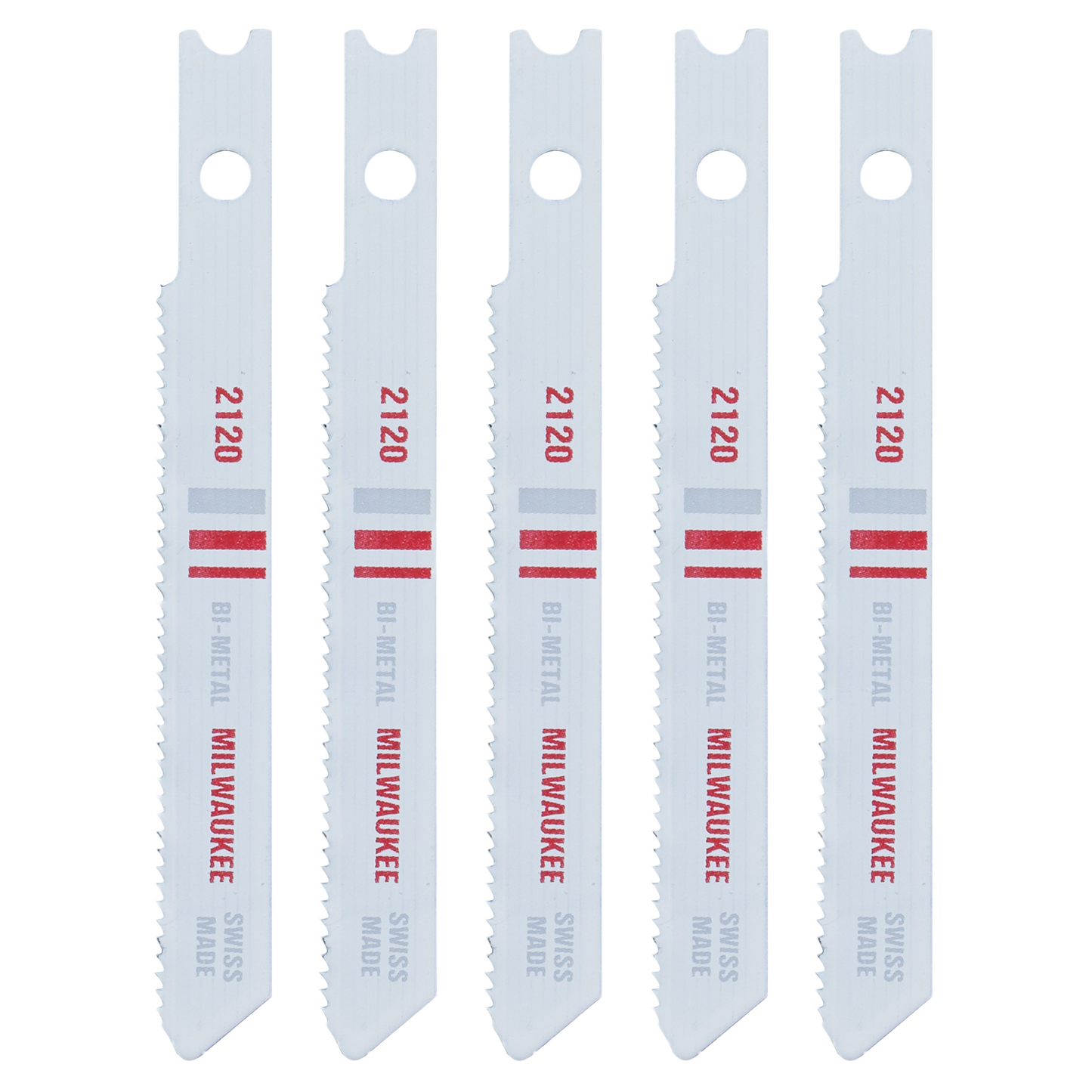 Set of five metal U-shank jigsaw blades with fine 18 TPI teeth for precise cutting in tools and home improvement tasks