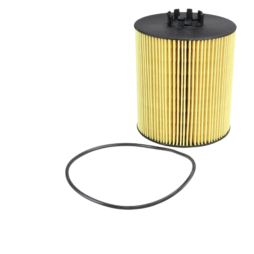 Yellow pleated cartridge oil filter with black top and included rubber gasket for automotive and John Deere parts collections