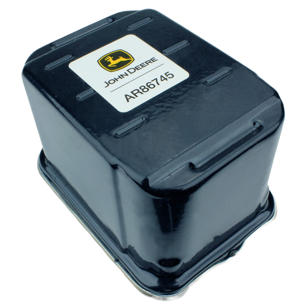 Black metal fuel filter with John Deere label for parts and lubricants in under $50 collection