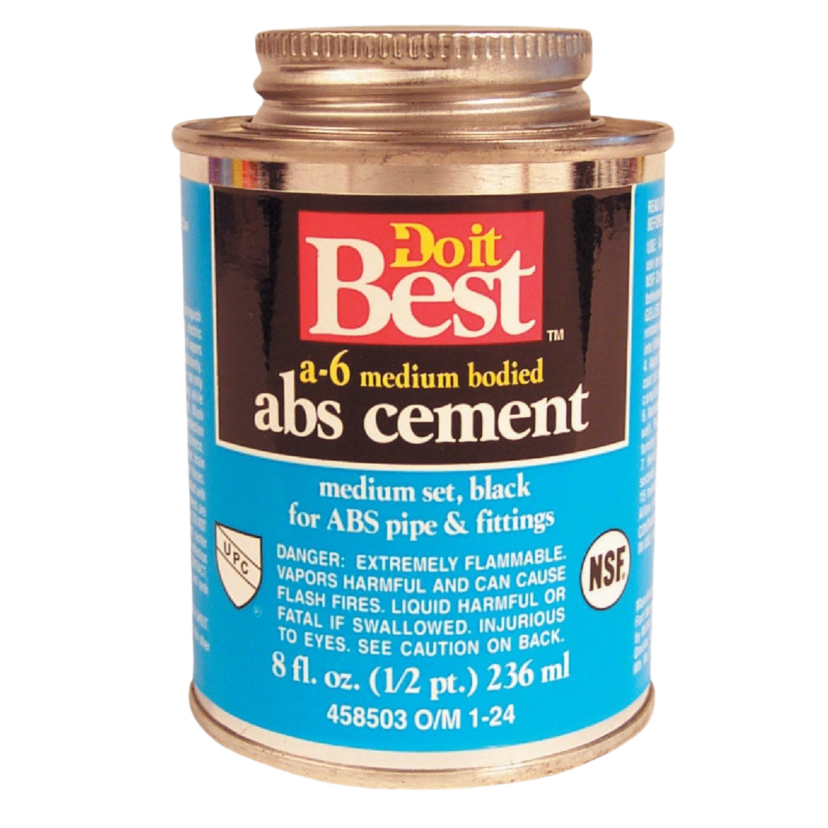 8 oz. can of medium-bodied black ABS cement for plumbing pipe and fittings in home improvement projects