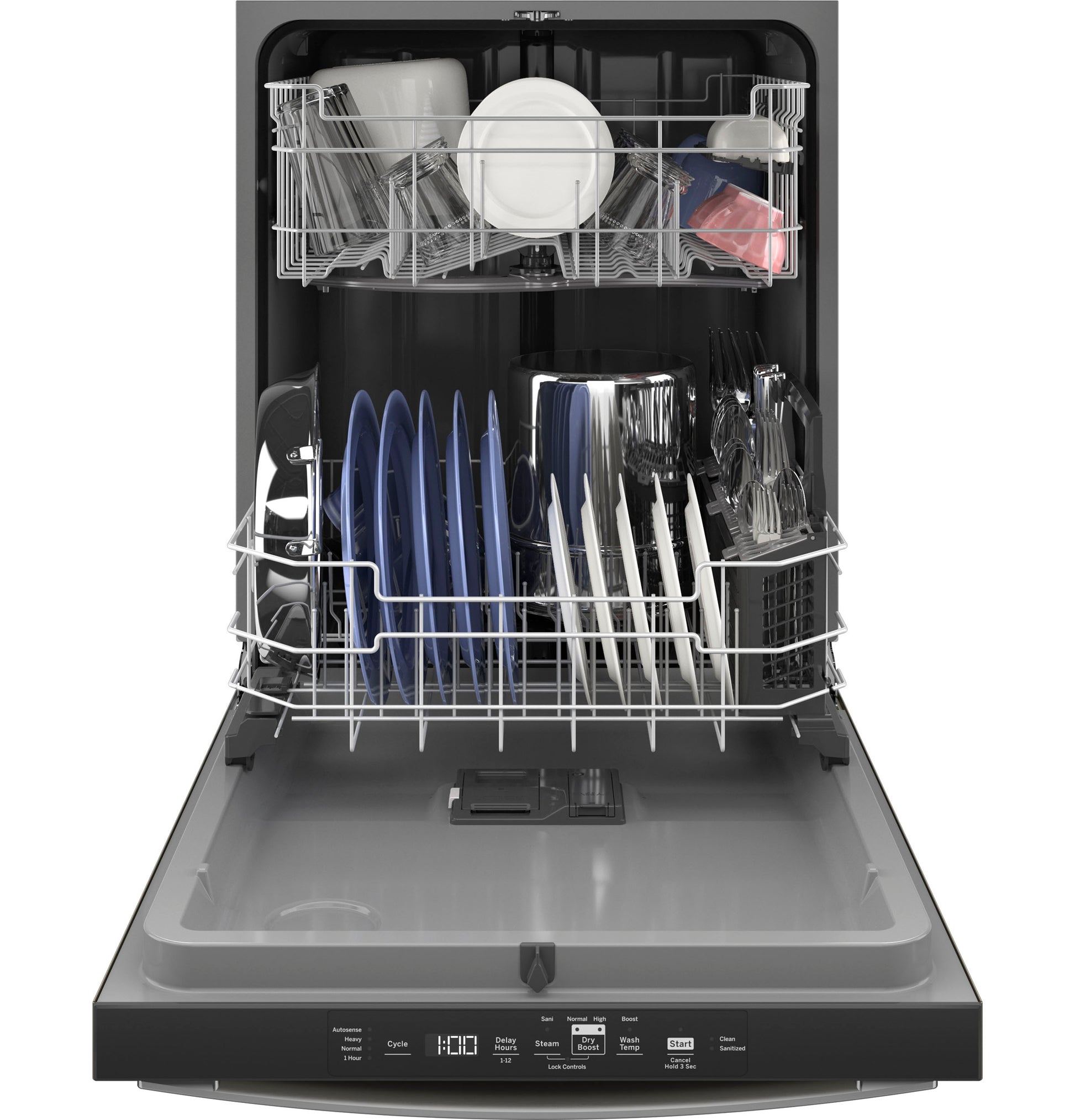 Open dishwasher with plastic interior loaded with dishes and utensils in kitchen appliances and dishwashers collection