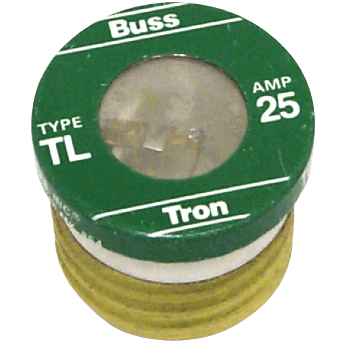 Green cylindrical fuse with visible internal metal element for 25 amp electrical circuit protection in home improvement tasks