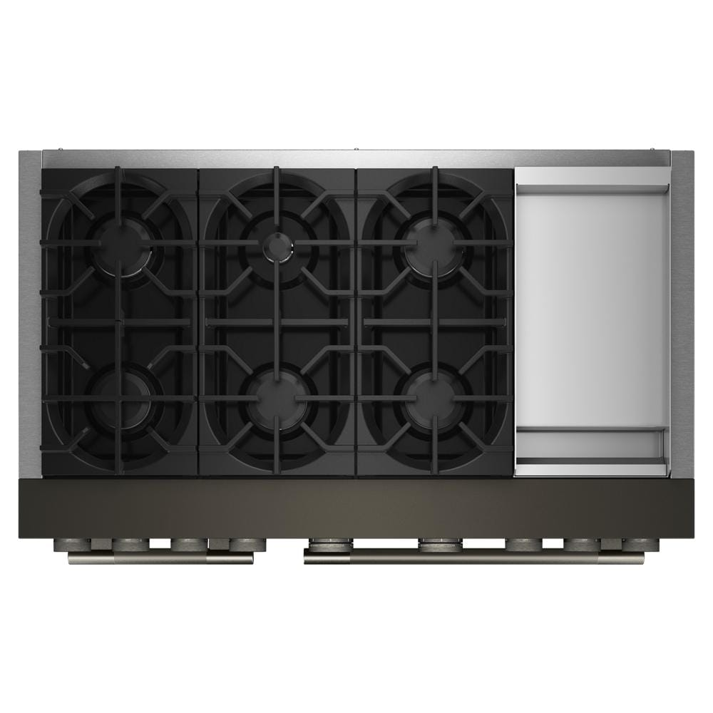Top view of a commercial-style 6-burner gas cooktop with integrated stainless steel griddle in kitchen appliance setting