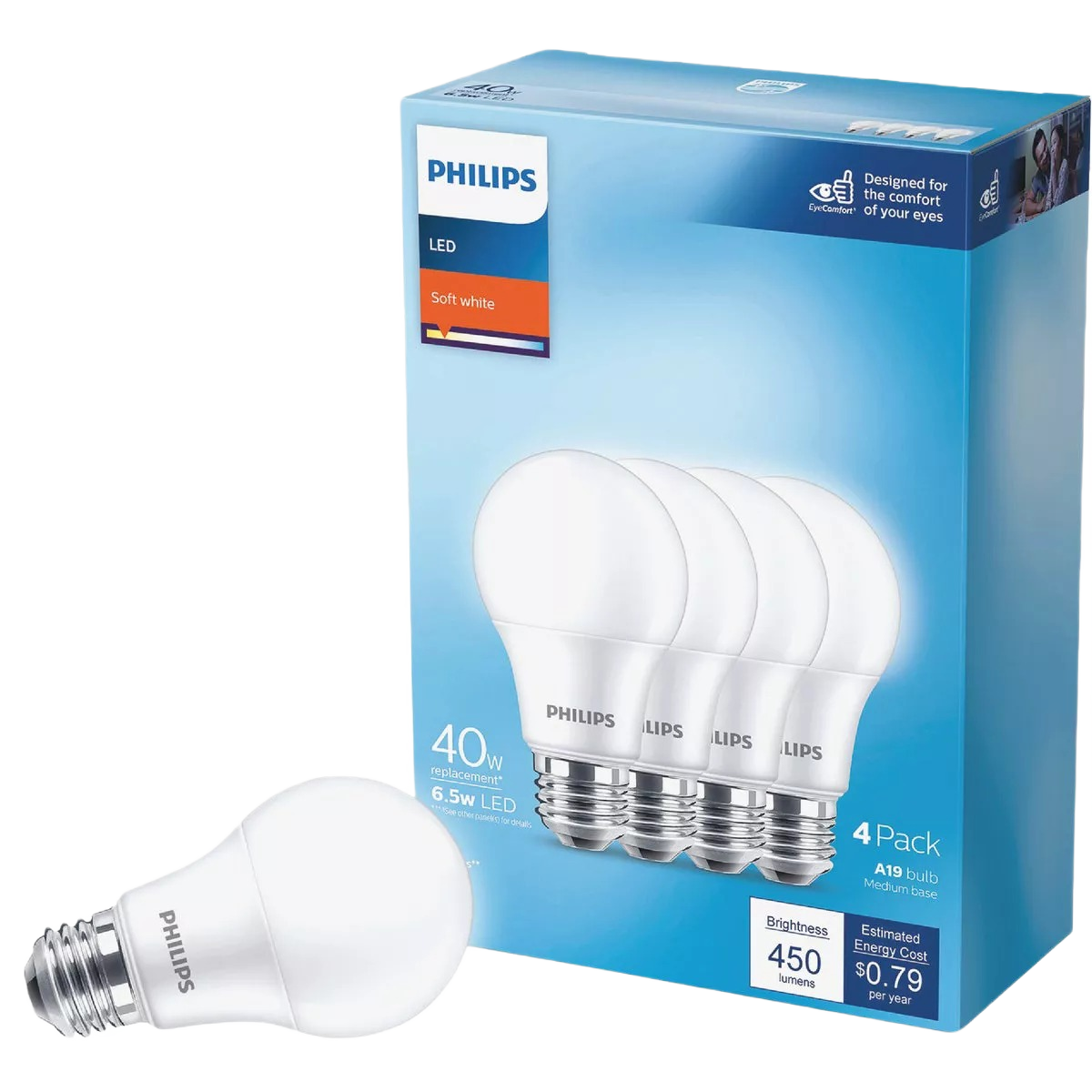 Box of four Philips soft white LED A19 bulbs with medium base offering energy-efficient home lighting solution