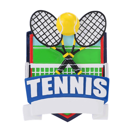 Colorful tennis shield ornament with crossed rackets, ball, net, and customizable nameplate from Christmas Ornaments collection