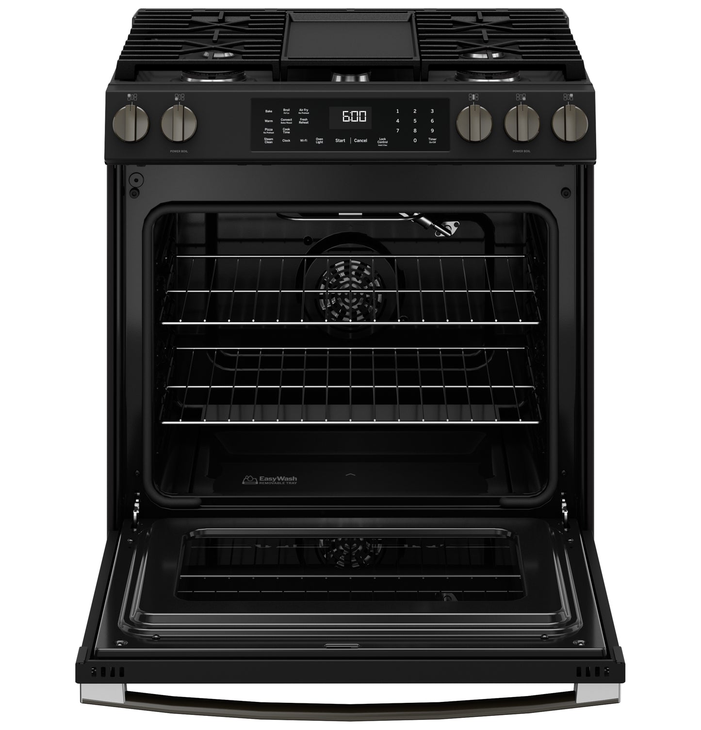 Black front-control gas range with open convection oven, digital display, two oven racks, and five burners from Ranges collection