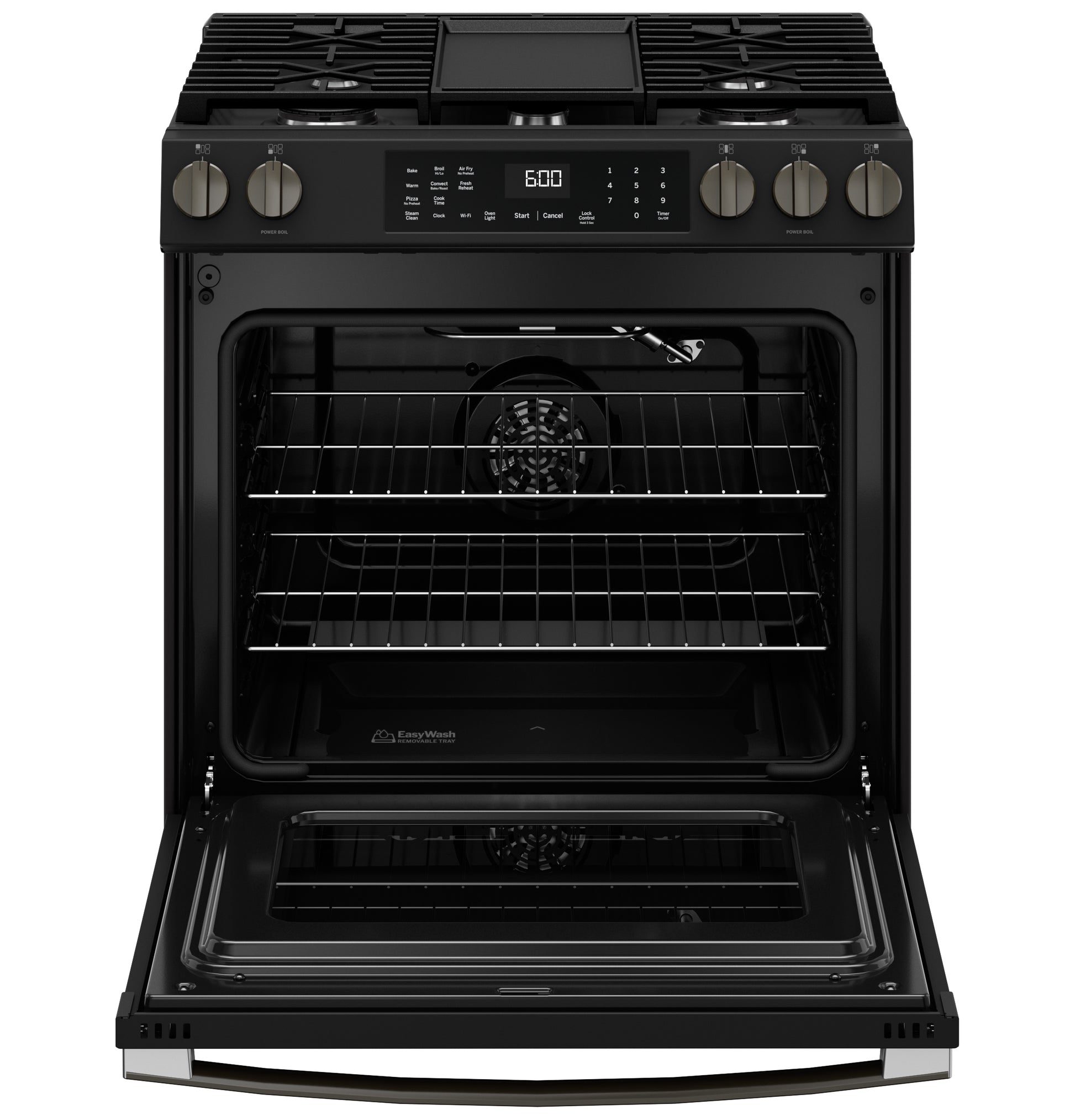 Black front-control gas range with open convection oven, digital display, two oven racks, and five burners from Ranges collection