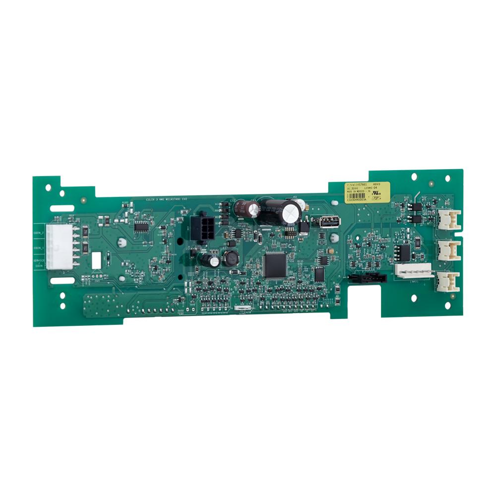 Green printed circuit board with electronic components for commercial top-load washer appliance repair part