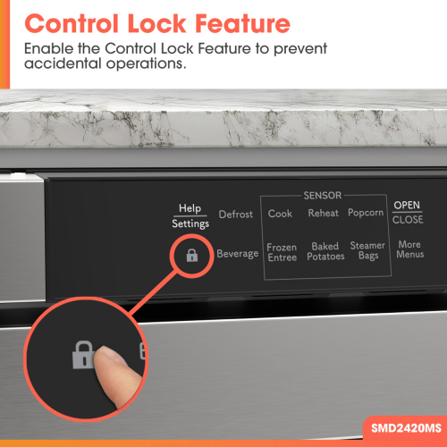 Stainless steel microwave drawer control panel with digital touch lock feature preventing accidental use in kitchen appliances collection