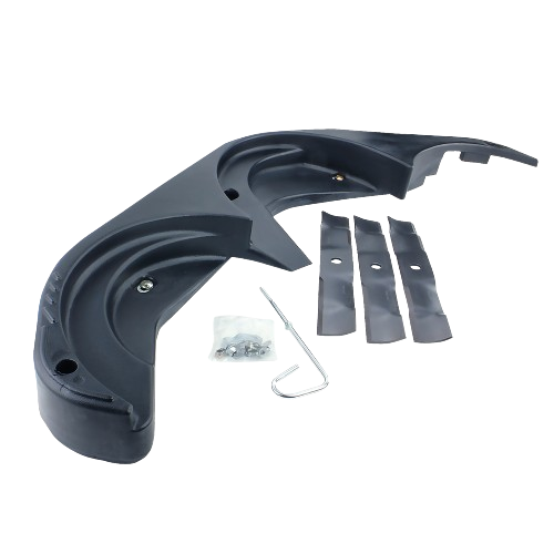 Black plastic mulching attachment kit with three mower blades and mounting hardware for automotive and tool applications