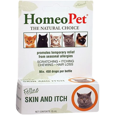 HomeoPet natural remedy for feline skin and itch relief from scratching, itching, and hair loss in a 15 mL bottle