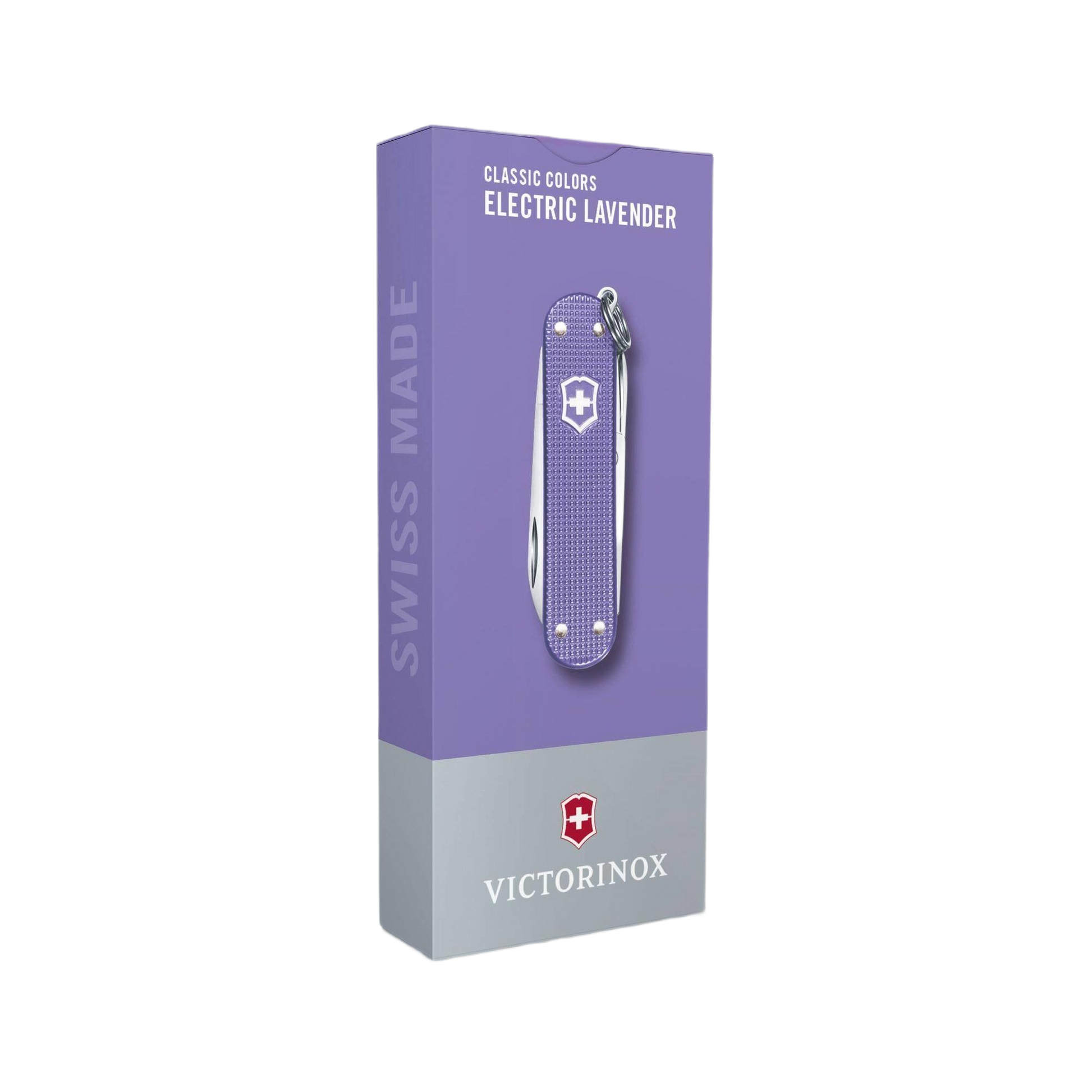 Electric lavender Swiss Army pocket knife in packaging, featuring multi-tool functions for cutting and woodworking tasks.