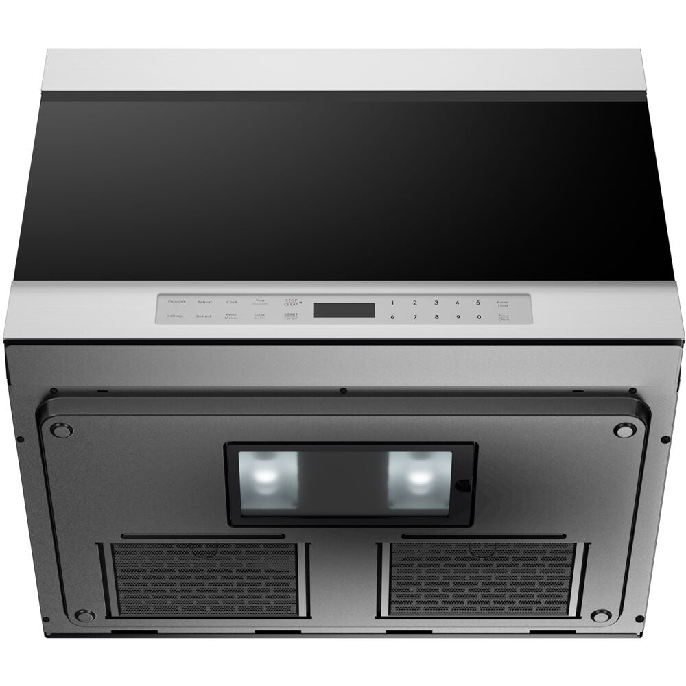 Over-the-range microwave in stainless steel and black glass with digital controls and built-in lighting for kitchen appliances