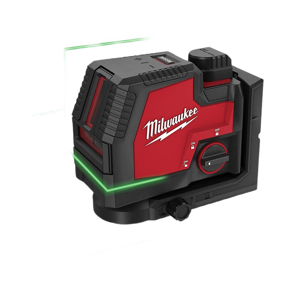 Compact red and black rechargeable laser level projecting bright green cross lines for measuring tools and woodworking tasks